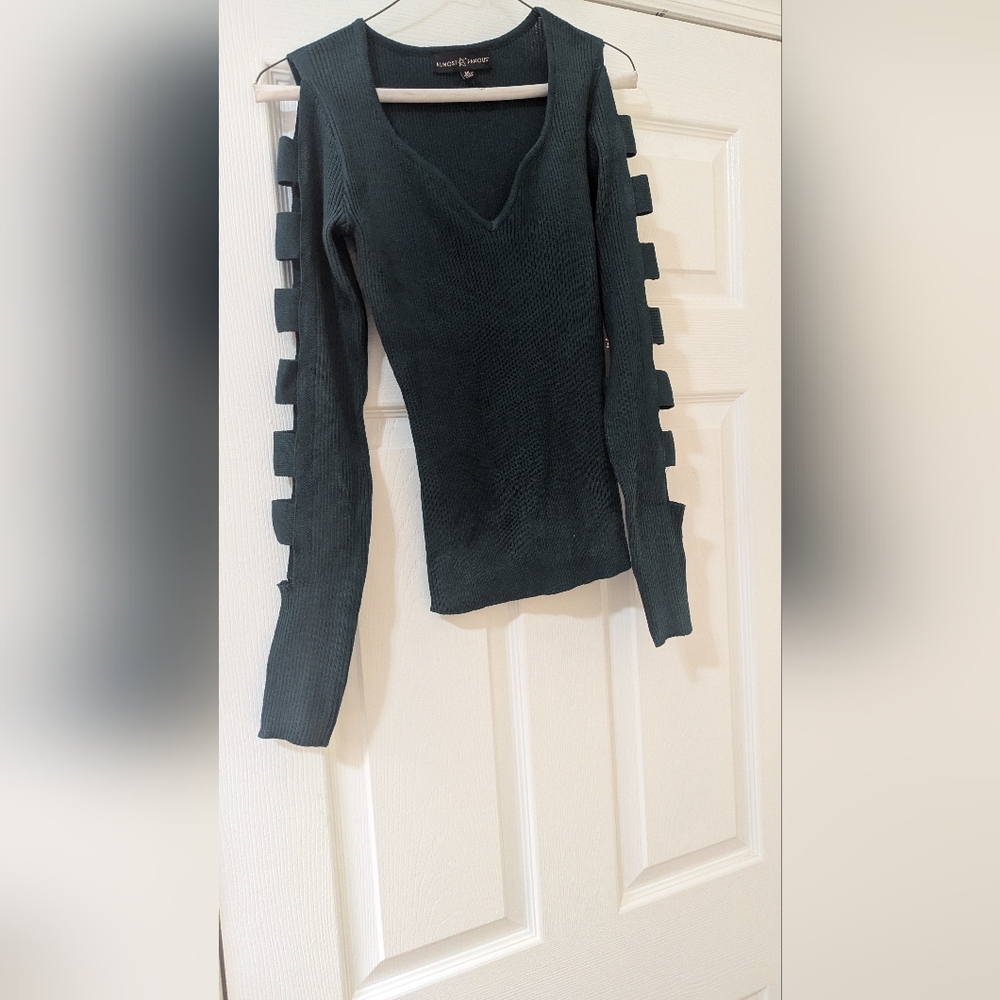 Dark Green Stretchy Sweater with Cut-Out Sleeves
